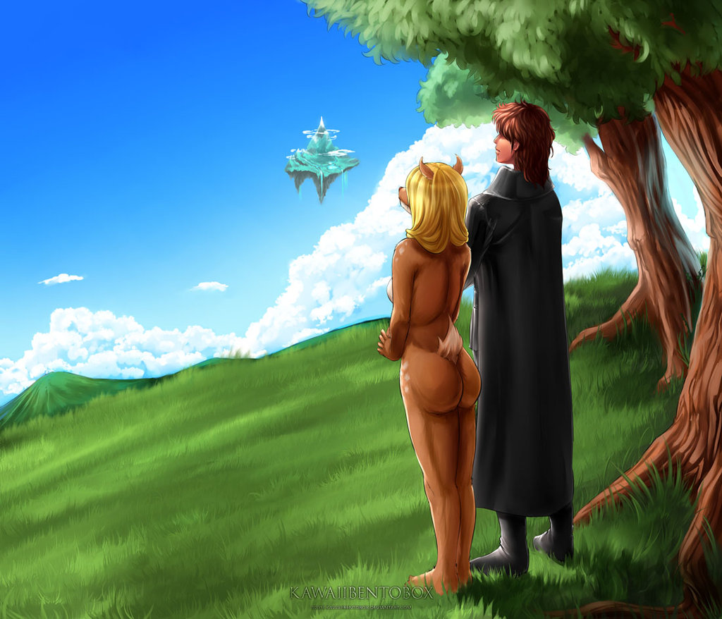 anthro back barefoot blonde_hair blue_sky boots breasts brown_hair butt cervine cloud couple deer detailed female floating_island grass hair human island kawaiibentobox long_hair looking_up male mammal nature nude paws pose side_boob small_tail standing tree wood