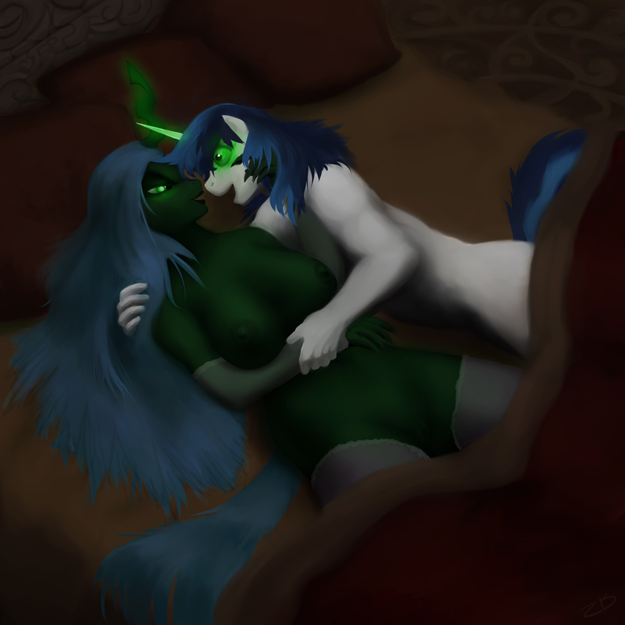 anthro anthrofied arm_warmers bed black_body blue_hair breasts changeling cyan_hair duo dutch_angle equine female friendship_is_magic fur glowing glowing_eyes glowing_horn green_eyes green_nipples green_skin hair high-angle_shot holes horn horse inside legwear magic male mammal mind_control my_little_pony nude open_mouth pillow pony pussy queen_chrysalis_(mlp) sheer_stockings shining_armor_(mlp) thigh_highs translucent transparent_armwear transparent_clothing transparent_legwear unicorn white_armwear white_fur white_legwear white_skin zoomerboomerz