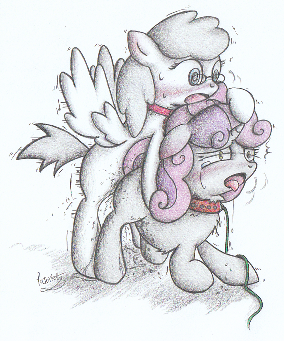 blue_eyes blush collar cub duo equine female feral friendship_is_magic from_behind fur green_eyes hair horn horse humping leash lesbian mammal my_little_pony open_mouth original_character patoriotto pegasus pony pussy_juice sex sweetie_belle_(mlp) tongue tongue_out two_tone_hair unicorn white_fur white_hair wings young