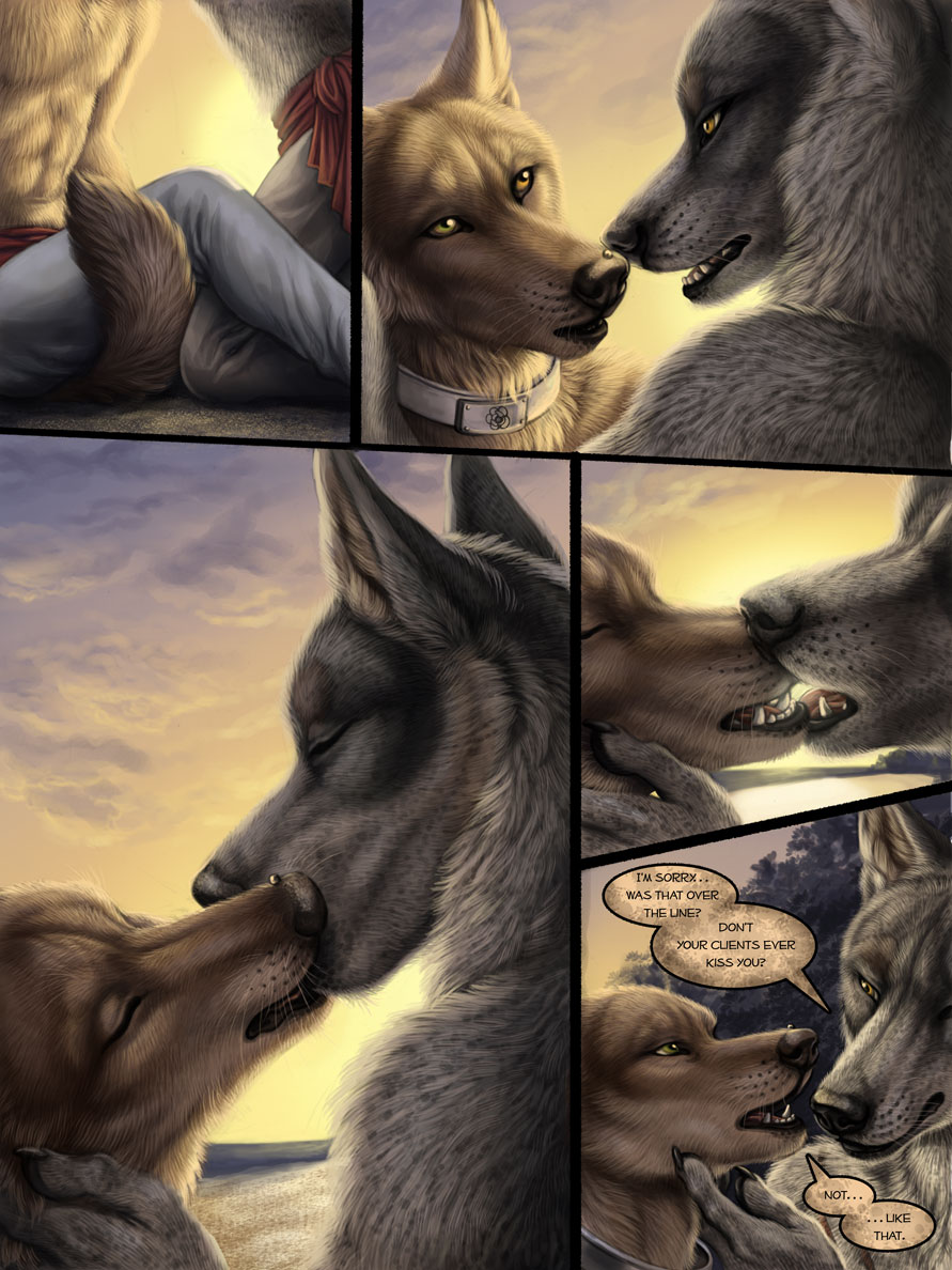 anthro canine collar dialog drama duo gay jackal kissing luther male mammal outside red_lantern_the_crimson_divine rukis text topless wolf