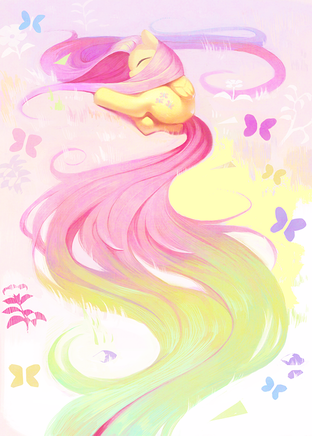abstract_background aruurara cutie_mark equine eyes_closed female feral fluttershy_(mlp) friendship_is_magic fur hair horse lying mammal my_little_pony on_side pegasus pink_hair pony sleeping solo wings yellow_fur
