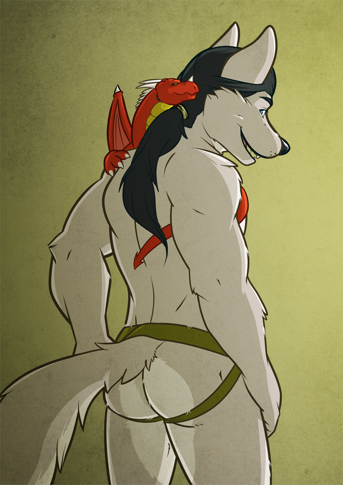 back back_turned biceps black_hair black_nose blue_eyes butt canine clamcrusher dragon duo fangs fur grey_fur hair horn jockstrap long_hair looking_at_viewer looking_back male mammal open_mouth ponytail scalie solo standing thong toned topless underwear wolf