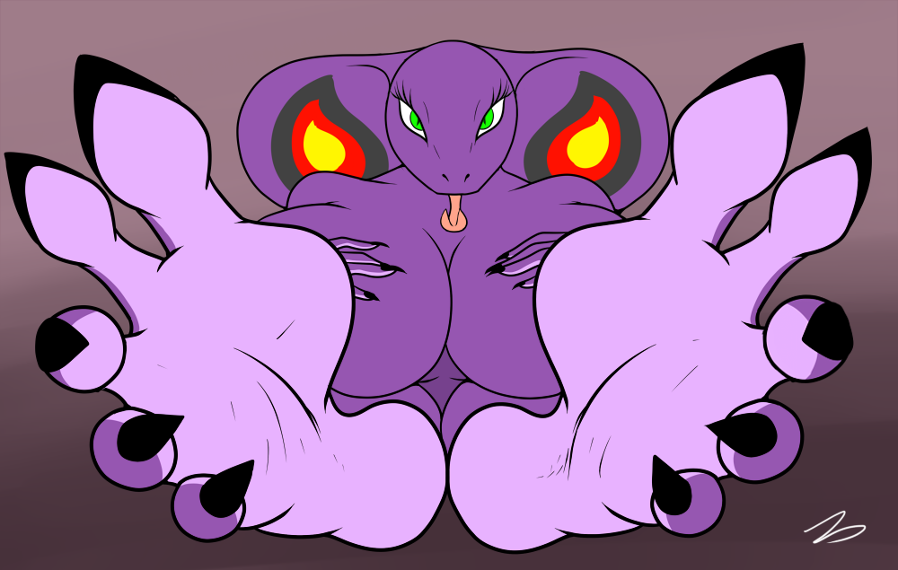 anthro arbok big_breasts black_nails breast_fondling breasts claws eyelashes female fondling foot_fetish foot_focus forked_tongue green_eyes grey_markings hood huge_breasts long_tongue looking_at_viewer markings nintendo pattern pok&#233;mon pok&#233;morph pok&eacute;mon presenting purple_skin red_markings reptile scalie sebrina_arbok snake soles solo toes tongue tongue_out video_games yellow_markings zp92