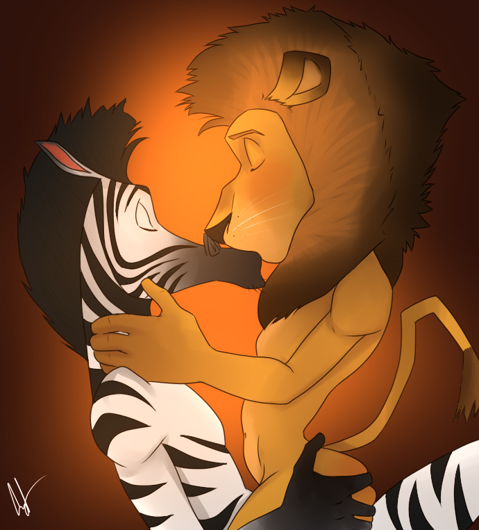 alex_the_lion anthro anthrofied colored crazedg cute dreamworks duo equine eyes_closed feline gay interspecies kissing lion madagascar male mammal marty_the_zebra sex zebra