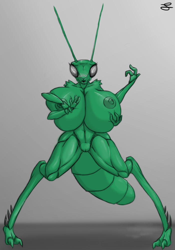 big_breasts blush breast_expansion breast_grab breasts dungeons_&amp;_dragons female green_nipples huge_breasts insect looking_at_viewer mantis multi_limb nipples nude plain_background pussy sentientsocks solo standing thri-kreen