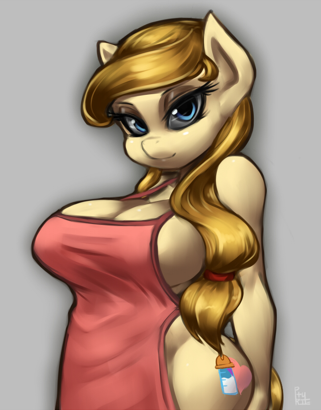 anthrofied apron big_breasts big_butt blue_eyes breasts brown_hair butt button's_mom button's_mom cauldroneer cleavage clothed clothing cutie_mark equine female fur grey_background hair horse looking_at_viewer mammal milf mother my_little_pony naked_apron nude original_character parent phurie plain_background pony solo tan_fur wide_hips
