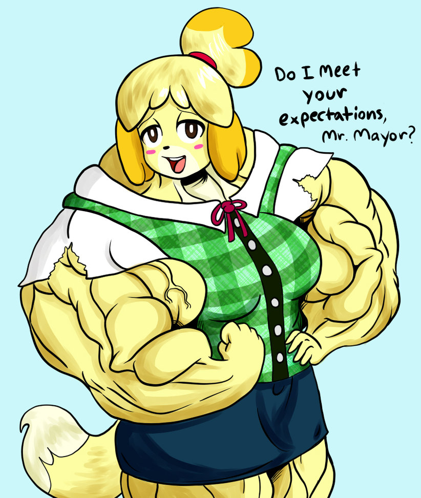 animal_crossing cleavage female isabelle_(animal_crossing) muscles muscular_female nintendo tagme unknown_artist video_games what