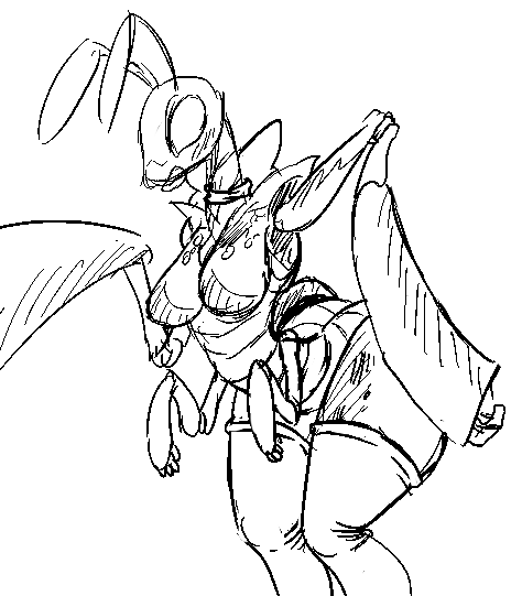 arthropod blush breasts dungeons_&amp;_dragons female insect mantis monochrome multi_limb no_nipples raised_arm thri-kreen unknown_artist wide_hips