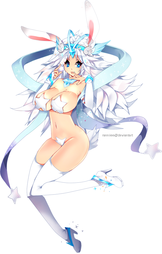 alpha_channel animal_ears big_breasts blue_eyes breasts clothed clothing elbow_gloves female gloves hair legwear long_hair navel pasties plain_background pose ranniiee skimpy solo sponty star stockings transparent_background white_hair