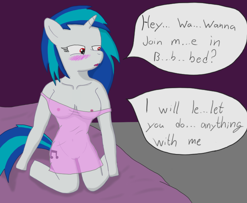 anthro anthrofied bed bedroom blue_hair breasts cutie_mark dialog english_text equine fableiii female friendship_is_magic fur hair horn horse kneeling mammal my_little_pony navel nipples nude pony pussy red_eyes solo text translucent transparent_clothing two_tone_hair unicorn vinyl_scratch_(mlp) white_fur
