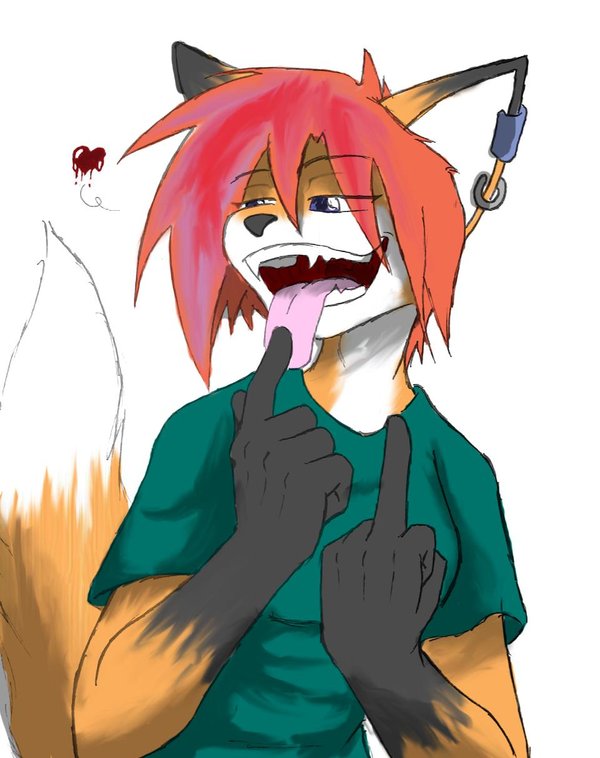 anthro canine clothing ear_piercing female fox hair mammal middle_finger piercing plain_background red_hair redwolfxlll solo tongue tongue_out white_background