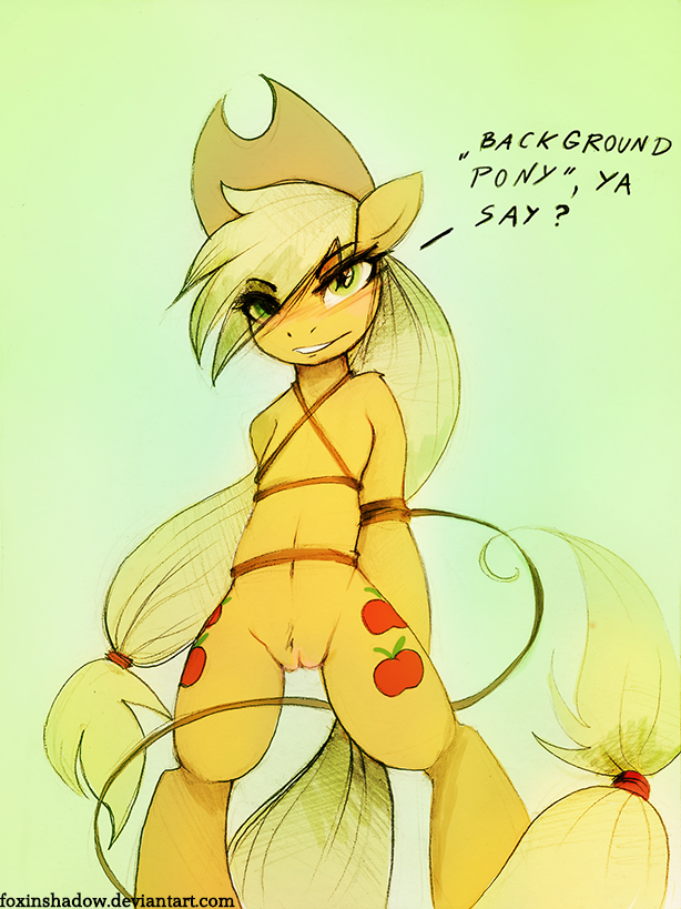 applejack_(mlp) arms_behind_back blonde_hair blush bound cowboy_hat cutie_mark dialog english_text equine female foxinshadow friendship_is_magic fur green_background green_eyes hair hat horse mammal my_little_pony navel orange_fur plain_background pony pussy rope smile solo standing teeth text zero-sum