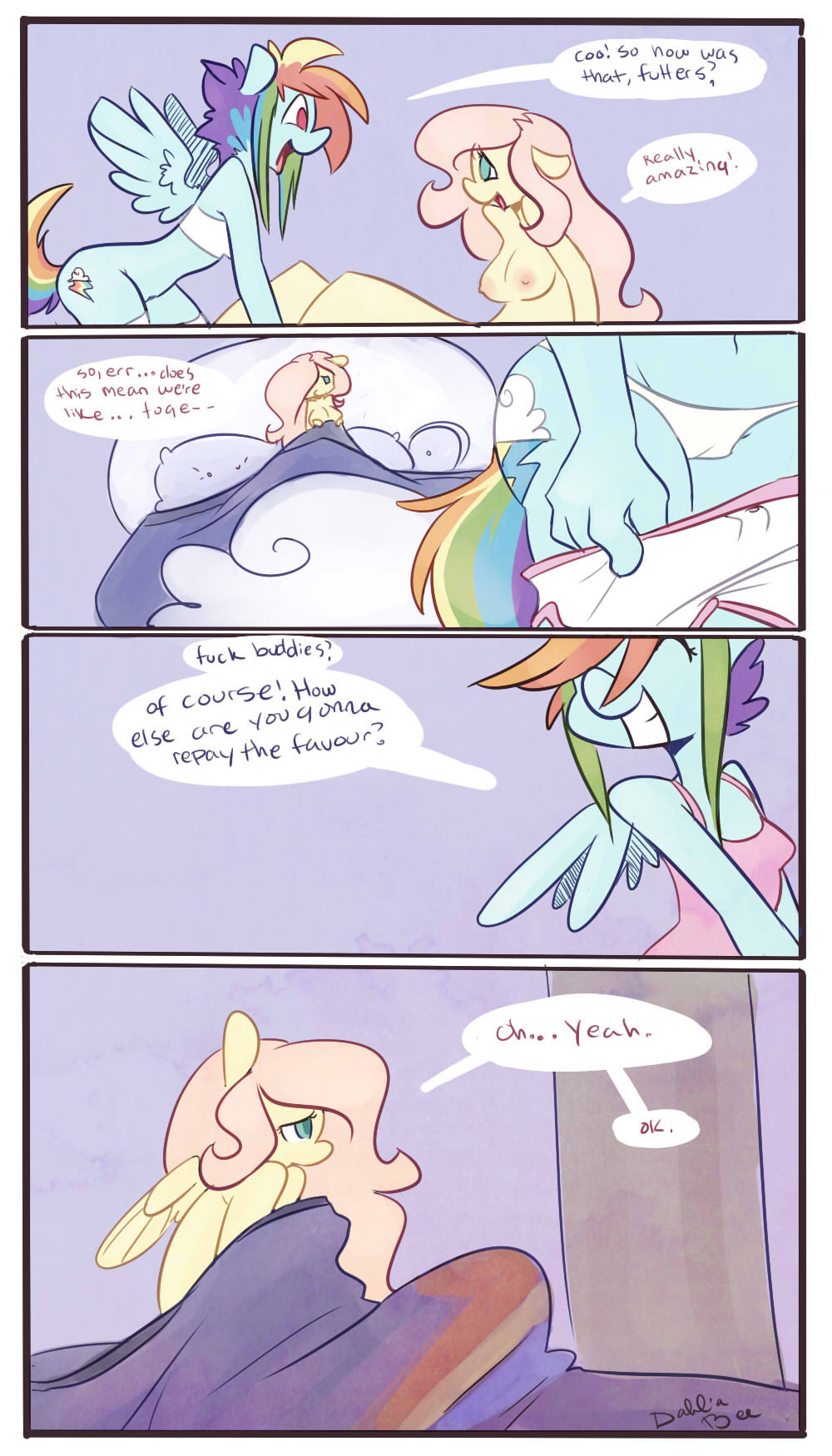 anthro anthrofied bed blue_fur breasts camel_toe clothing comic dahliabee dialog duo english_text equine female fluttershy_(mlp) friendship_is_magic fur green_eyes hair horse japanese_text lesbian mammal multi-colored_hair my_little_pony navel pegasus pink_hair pony pussy rainbow_dash_(mlp) rainbow_hair smile text wings yellow_fur