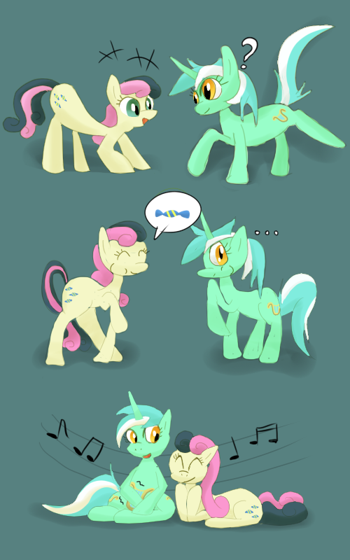 ^_^ all_fours bendykins bonbon_(mlp) candy comic cutie_mark duo eating eyes_closed female feral food friendship_is_magic fur green_background green_eyes green_fur hair looking_at_viewer looking_down lying lyra_heartstrings_(mlp) lyre music music_notes musical_instrument my_little_pony on_stomach open_mouth orange_eyes plain_background raised_leg sitting smile standing tan_fur two_tone_hair