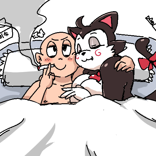 anthro bald bed big_breasts blush breasts cigarette duo feline female human in_bed interspecies male mammal sechomi11 smoking