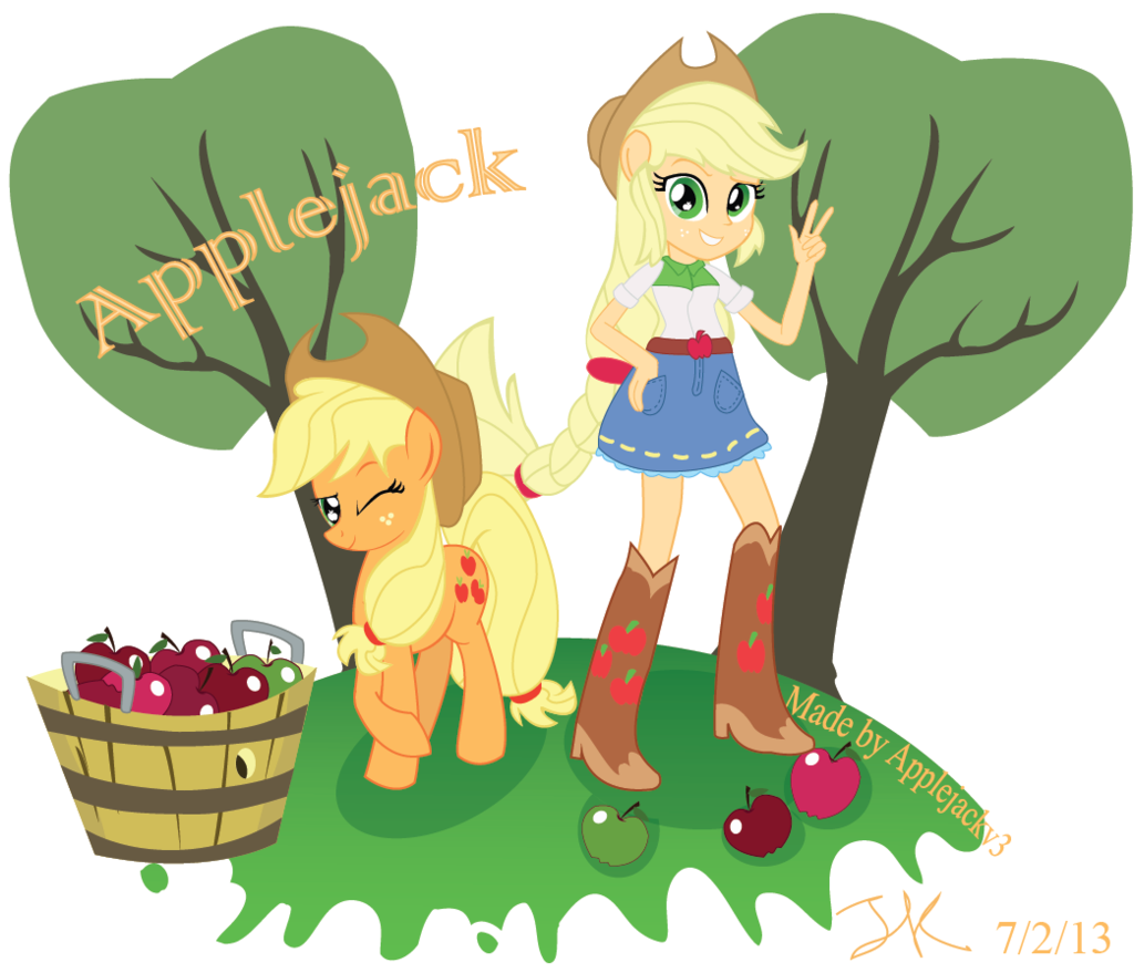 anthro anthrofied apple applejack_(eg) applejack_(mlp) applejackv3 belt bigger_version_at_the_source blonde_hair boots bucket clothed clothing cowboy_boots cowboy_hat cutie_mark denim_skirt duo eating english_text equestria_girls equine female freckles friendship_is_magic fruit green_eyes hair hat horse my_little_pony one_eye_closed orange_fur orange_skin peace_sign plain_background pony size_difference skirt smile square_crossover standing teeth text tree white_background wink