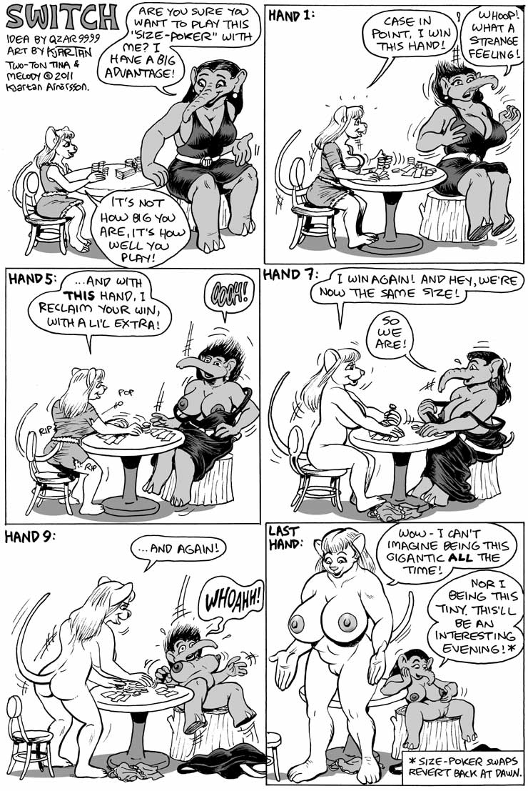 anthro areola big_breasts breasts card cards chair comic dialog elephant english_text erect_nipples female growing huge_breasts karno mammal monochrome mouse nipples nude playing_card poker pussy rodent shrinking size_difference table text two_ton_tina