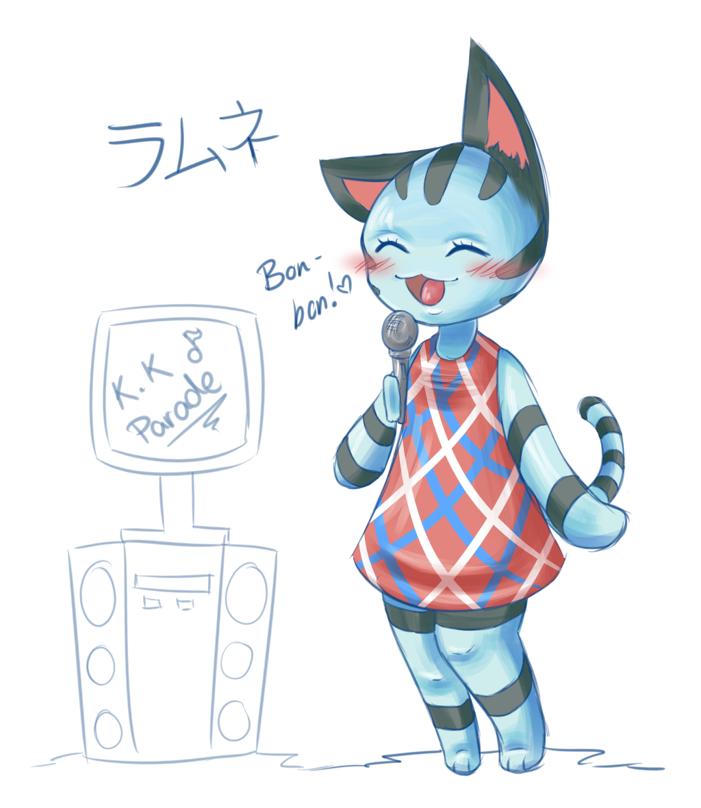 black_markings blue_fur blush cute eyes_closed feline female fur japanese_text karaoke lacgl lolly lolly_(animal_crossing) mammal markings microphone musical_note nintendo plaid pointy_ears red_dress singing stripes text translation_request unknown_artist video_games