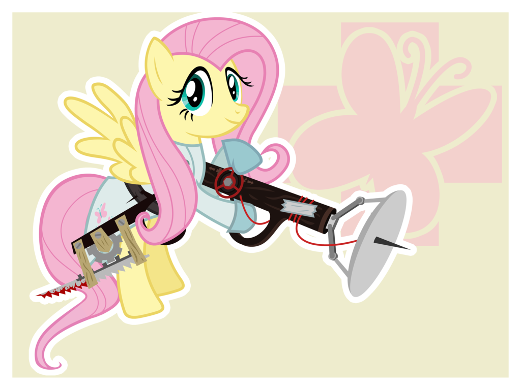 cutie_mark equine female feral fluttershy_(mlp) friendship_is_magic hobofortress horse mammal medic_(team_fortress_2) my_little_pony pegasus plain_background pony ranged_weapon team_fortress_2 weapon white_background wings