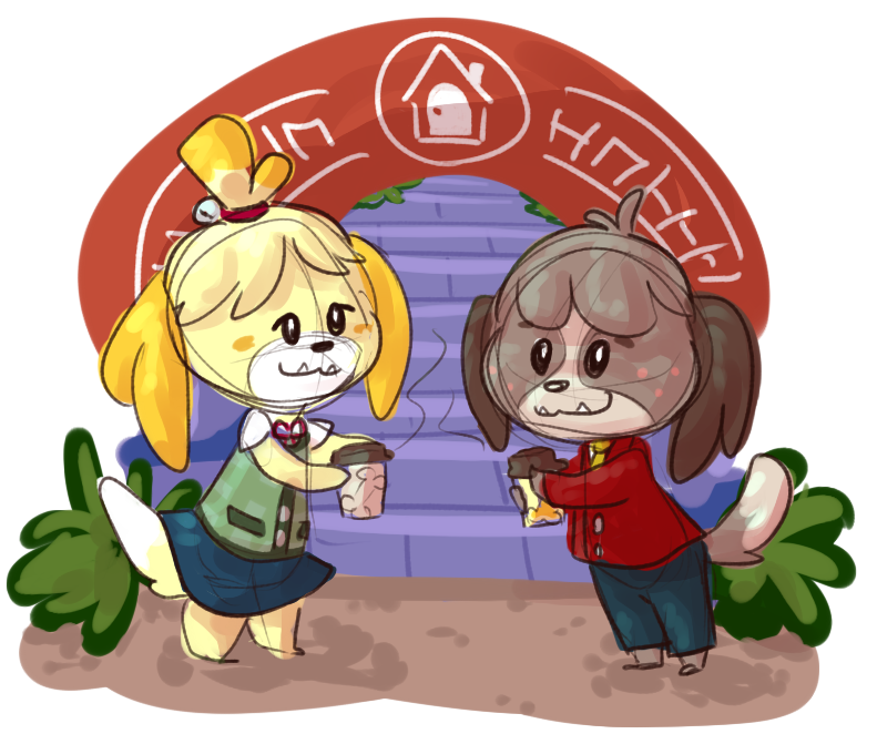 canine coffee cup digby digby_(animal_crossing) female isabelle_(animal_crossing) male mammal nintendo unknown_artist video_games
