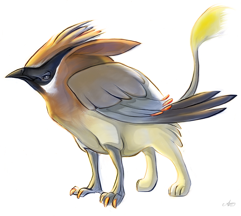 avian ayem bird black_eyes black_feathers brown_feathers cream_fur feral grey_feathers gryphon hybrid plain_background smile solo tan_fur white_background wings yellow_fur