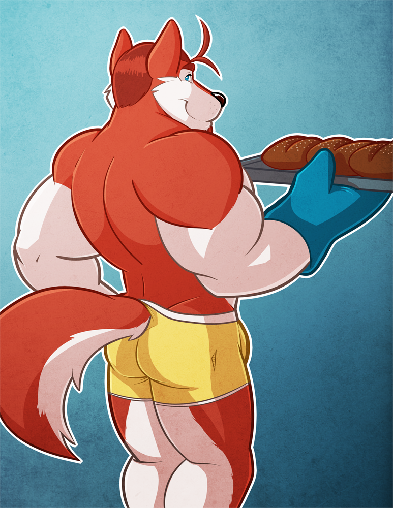 anthro back back_turned biceps big_muscles black_nose blue_eyes bulge butt canine clamcrusher clothing dog fur grin hair looking_back male mammal muscles oven_mitt pose shorts smile solo standing tail_clothing topless