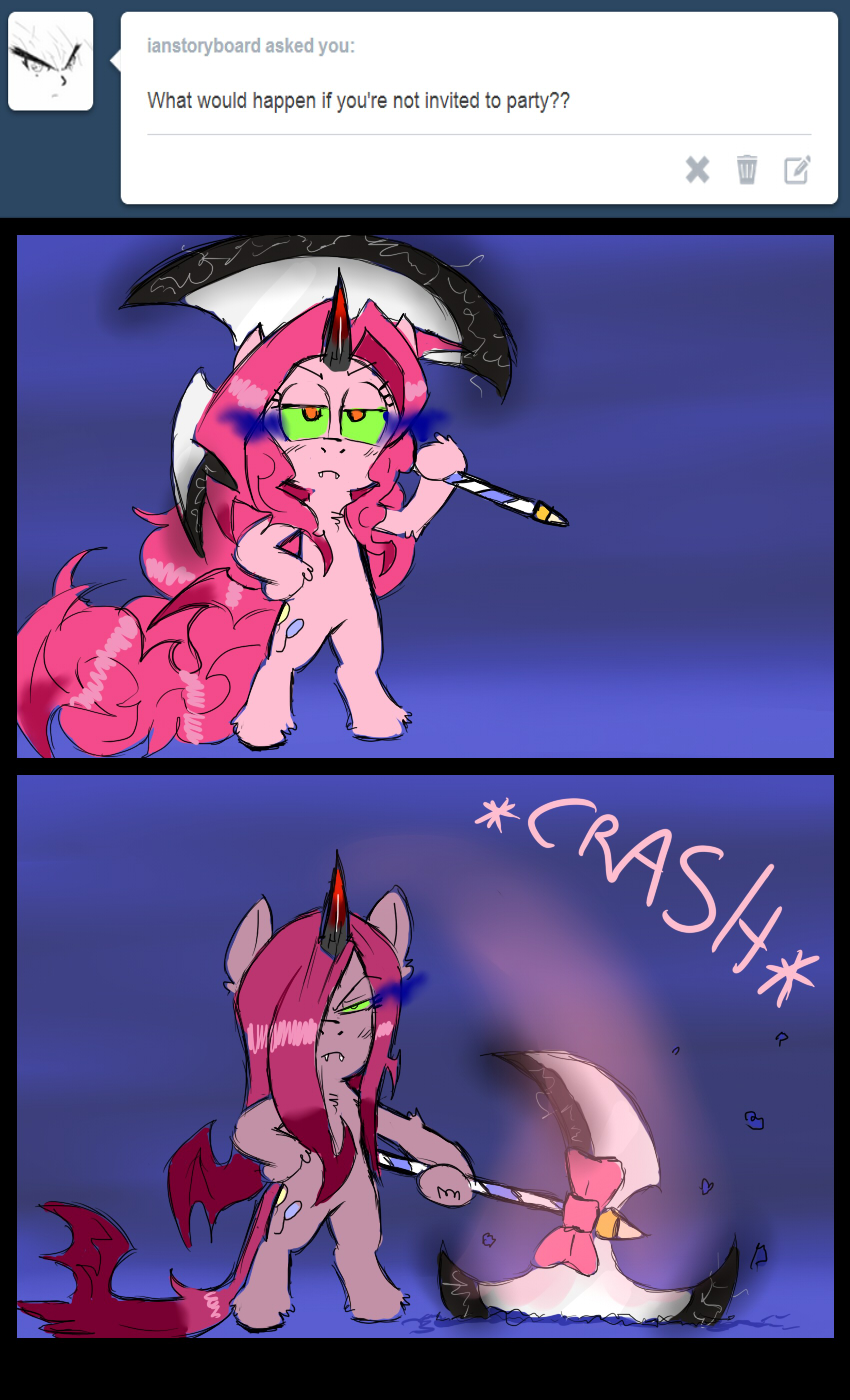 angry axe battle_axe black_horn bow comic cutie_mark displeased english_text equine eye_mist female feral friendship_is_magic fur green_sclera hair hand_on_hip horn horse ichibangravity long_hair mammal multi-colored_horn my_little_pony orange_eyes pink_fur pink_hair pinkie_pie_(mlp) pony red_horn solo text tumblr unicorn weapon