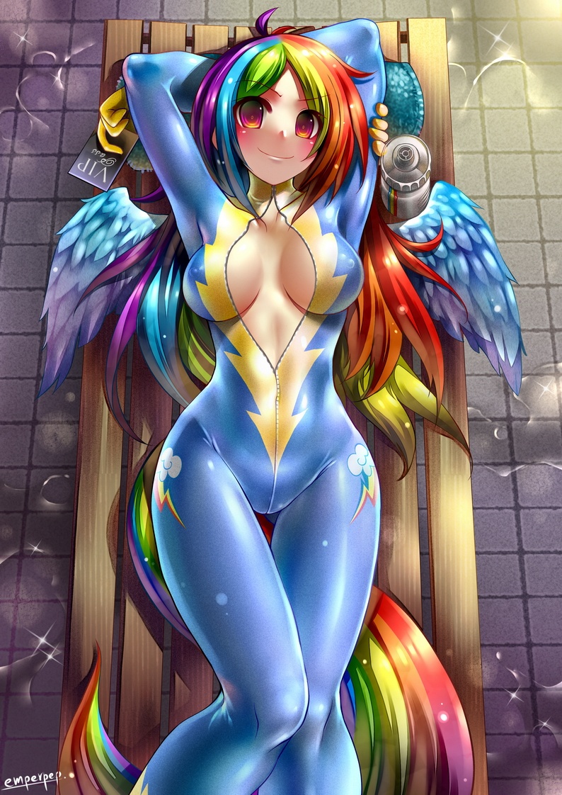 arms_behind_head artist_name blonde_hair blue_hair bodysuit breasts cleavage_cutout covered_nipples emperpep green_hair large_breasts long_hair looking_at_viewer lying multicolored multicolored_eyes multicolored_hair multicolored_tail my_little_pony my_little_pony_friendship_is_magic on_back orange_hair personification purple_hair rainbow_dash red_hair shiny shiny_skin smile solo tail thigh_gap wings