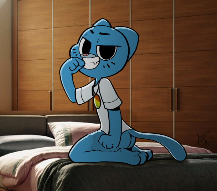 badge bed blue_body breasts butt cartoon cat clothing edit fangs feline female grin kneeling mammal mother nicole_watterson oddly_sexy parent real shirt small_breasts smile solo the_amazing_world_of_gumball toony whiskers