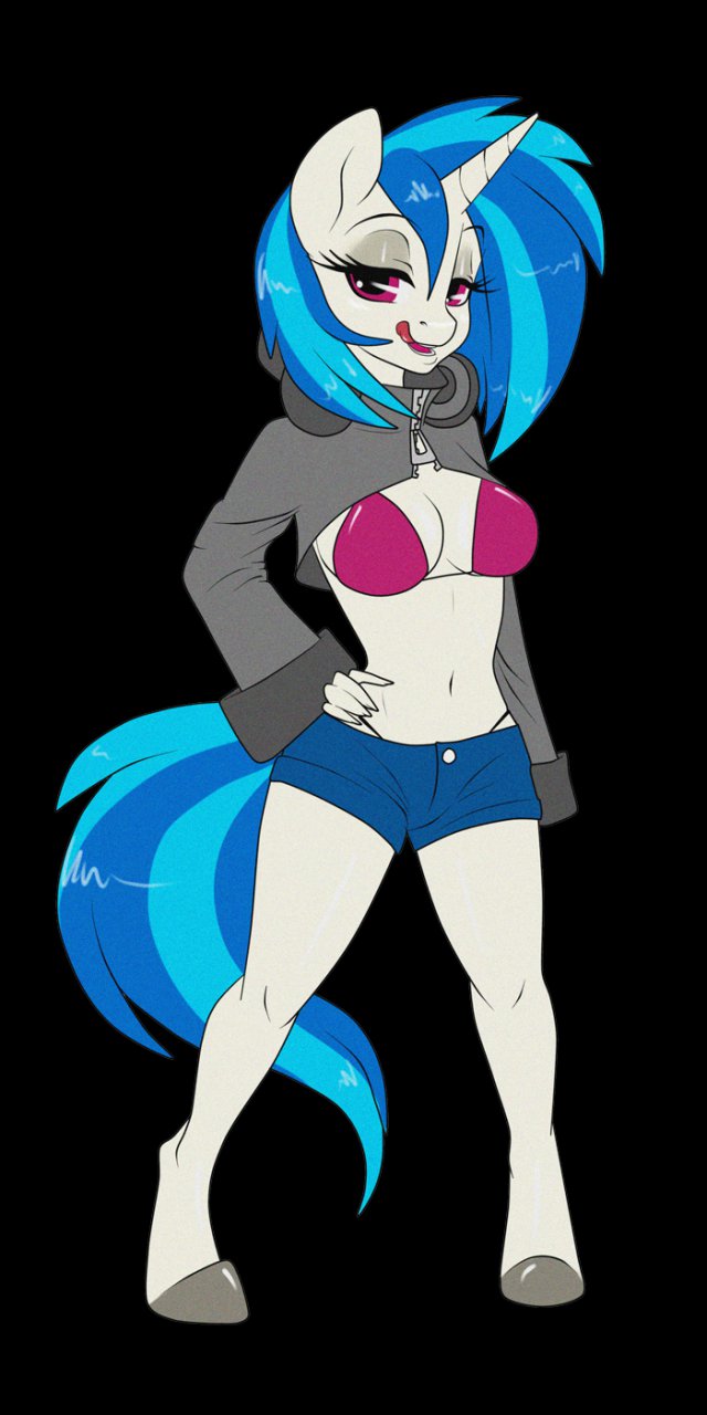 anthro anthrofied blue_hair bra breasts cleavage clothed clothing equine female friendship_is_magic fur hair hooves horn licking looking_at_viewer mammal my_little_pony navel red_eyes shirt short_hair shorts skimpy smile solo standing sugarcup tongue tongue_out underwear unicorn vinyl_scratch_(mlp) white_fur