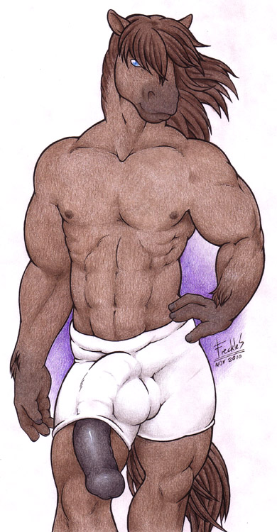 abs animal_genitalia anthro balls biceps big_muscles big_penis blue_eyes brown_fur brown_hair bulge clothed clothing equine flared_penis freckles_(artist) fur grin hair half-dressed horse horsecock long_penis looking_at_viewer male mammal muscles nipples pecs penis plain_background poking_out pose presenting shorts smile solo standing toned topless white_background