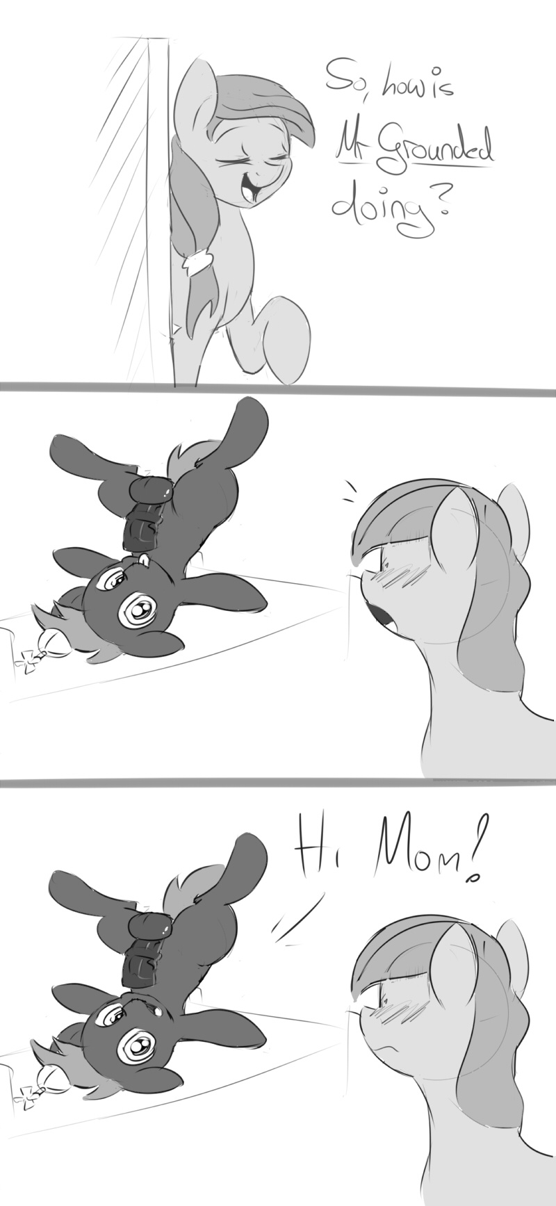balls blush button's_mom button's_mom button_mash_(mlp) comic cradeelcin cub dialog duo english_text equine female feral horse male mammal monochrome my_little_pony original_character penis plain_background pony propeller_hat text tongue tongue_out upside_down white_background young