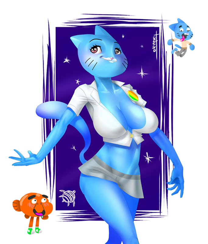 big_breasts blush breasts cat cleavage clothed clothing feline female fish gumball_watterson male mammal marine milf mother nicole_watterson open_mouth parent skimpy smile the_amazing_world_of_gumball tongue tongue_out tortuga