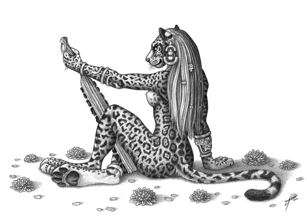 breasts ear_piercing feline female greyscale hair hindpaw jaguar jewelry long_hair looking_at_viewer mammal maquahuitl monochrome nude paws piercing plain_background qzurr side_boob sitting solo tribal weapon white_background