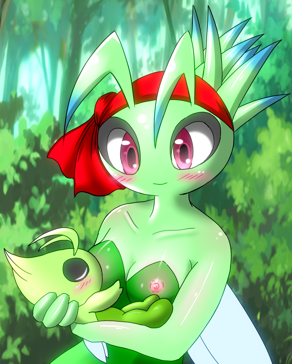 &#28961;&#26376;&#12425;&#12356;&#12378; ambiguous_gender anthro baby bandanna barefoot big big_eyes black_eyes blush breasts bush celebi cute eyes_closed female forest good_parenting green_hair green_skin hair happy headgear holding japanese leaf legendary_pok&#233;mon legendary_pokemon looking_down nintendo nipples nude original_character outside pink_eyes pink_skin plant pok&#233;mon pok&eacute;mon raised_arm shadow shiny size_difference skin smile standing sucking tree unknown_artist video_games white_eyes wings wood young