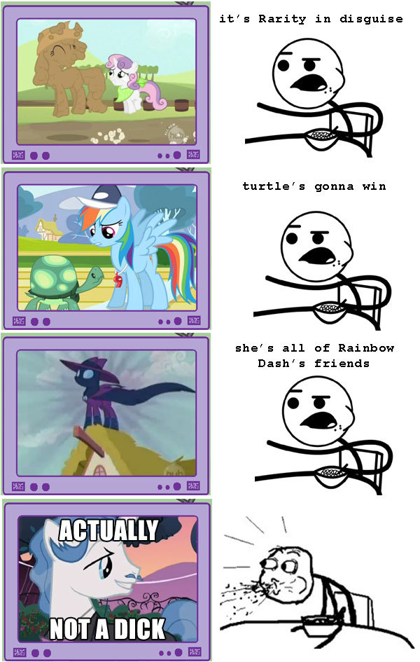 cereal_guy comic cowboy_hat cutie_mark english_text equine fancypants_(mlp) female feral friendship_is_magic hat horn horse human male mammal mare_do_well_(mlp) meme my_little_pony pegasus plain_background pony rainbow_dash_(mlp) rarity_(mlp) reptile saliva scalie shocked sweetie_belle_(mlp) tank_(mlp) television text turtle unicorn white_background wings