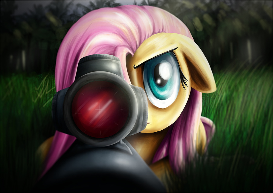 2013 blue_eyes equine female fluttershy_(mlp) friendship_is_magic grass gun hair high-roller2108 horse looking_at_viewer my_little_pony outside pegasus pink_hair pony ranged_weapon rifle scope sniper_rifle solo tree weapon wings