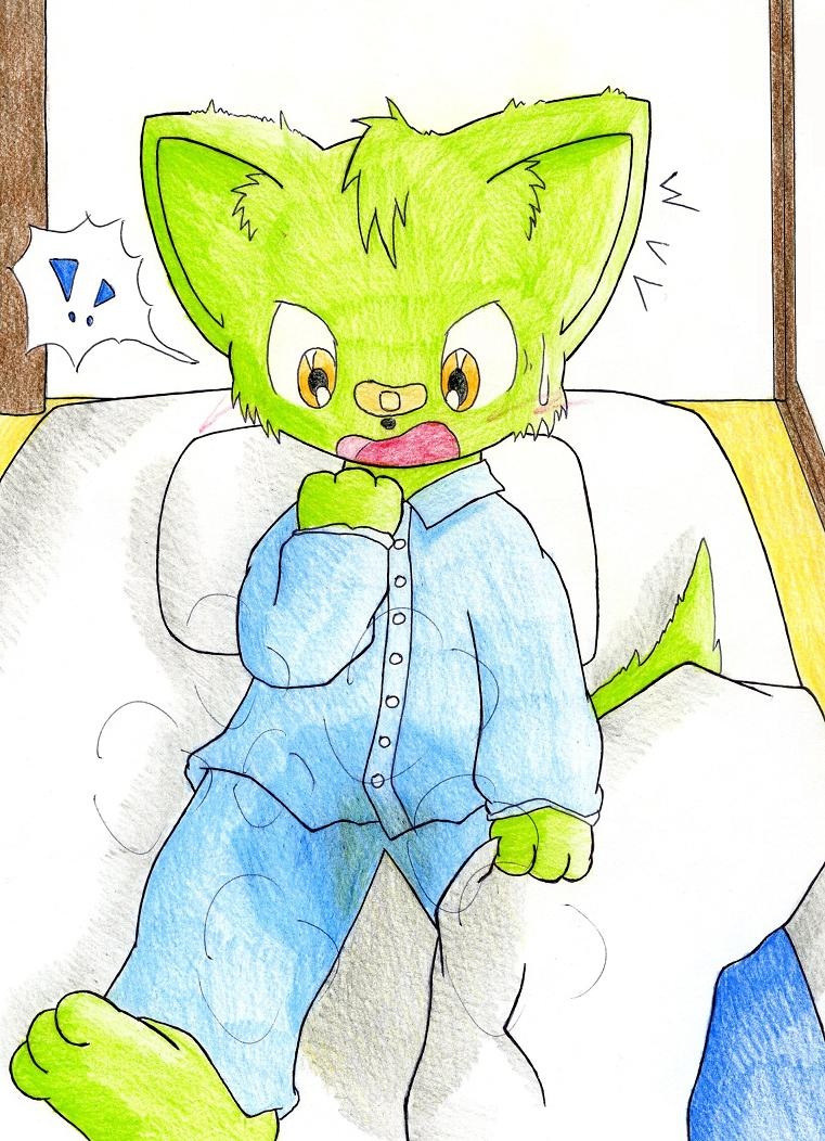 583 bandage bed bedsheets bedwetting cat feline lying male mammal pajamas pillow shocked sweat urine young
