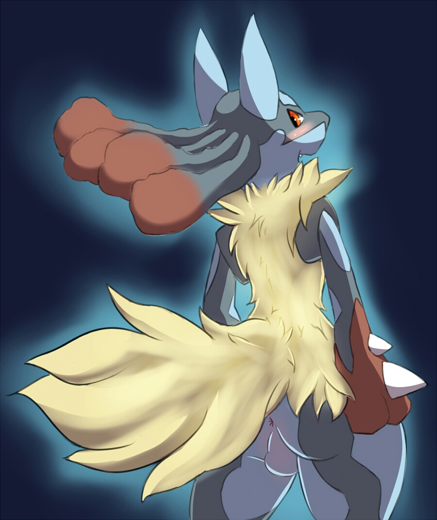 anthro back_turned balls blue_fur blush butt canine celescario fur jackal looking_at_viewer looking_back lucario male mammal mega_evolution mega_lucario nintendo nude open_mouth plain_background pok&#233;mon pok&eacute;mon red_eyes solo video_games wide_hips yellow_fur