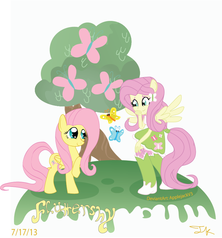 anthrofied applejackv3 arthropod blue_eyes blush boots butterfly clothed clothing cutie_mark duo english_text equestria_girls equine female fluttershy_(eg) fluttershy_(mlp) friendship_is_magic fur hair hair_accessory horse insect long_hair looking_down mammal my_little_pony pegasus pink_hair plain_background pony size_difference skirt smile square_crossover standing text tree white_background wings yellow_fur yellow_skin