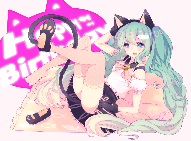 animal_ears bell cat_ears cat_tail gloves green_eyes green_hair happy_birthday hatsune_miku jingle_bell long_hair open_mouth reclining reiji_(natsumioka) skirt solo tail thighhighs twintails very_long_hair vocaloid