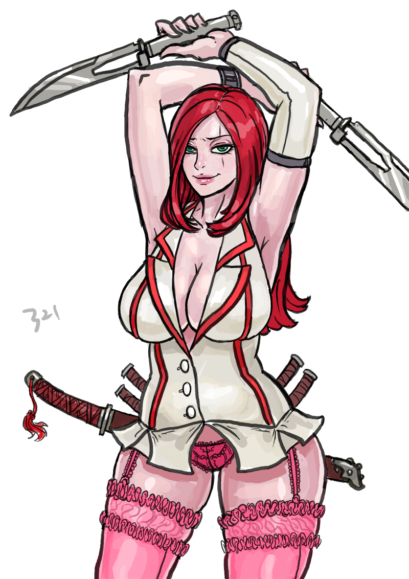 breasts cleavage dagger frills green_eyes katarina_du_couteau large_breasts league_of_legends nurse red_hair samiri scar solo sword weapon