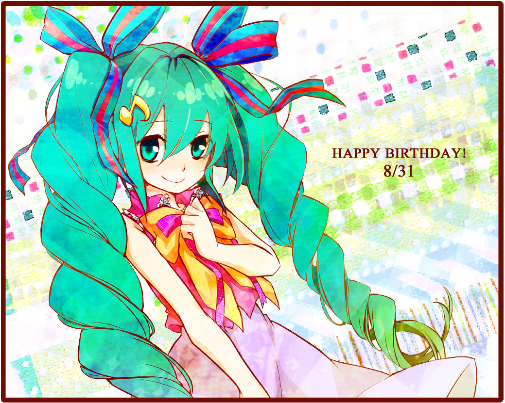 dated green_eyes green_hair hair_ribbon hand_on_own_chest happy_birthday hatsune_miku long_hair musical_note ribbon smile solo twintails vocaloid