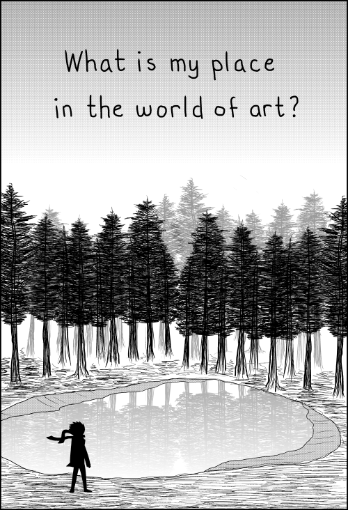 artist_self-insert atokniiro comic english forest greyscale lake male_focus monochrome nature original outdoors reflection scarf silhouette sky solo standing tree