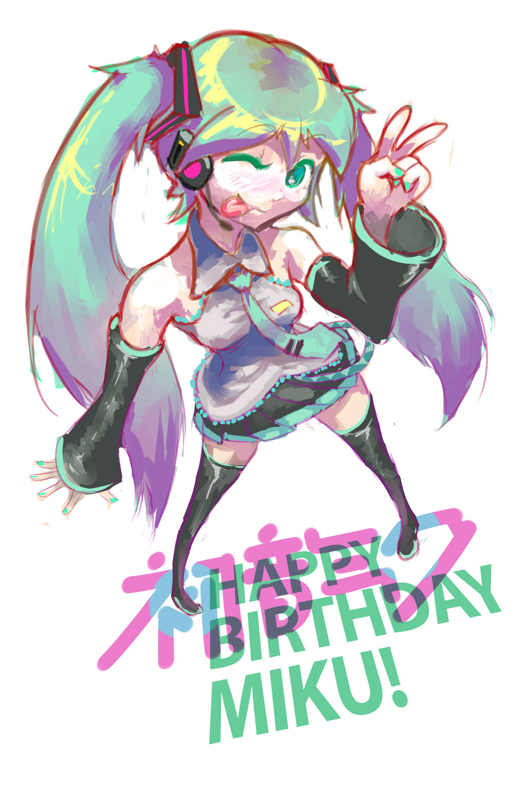 1girl ;p boots detached_sleeves green_eyes green_hair happy_birthday hatsune_miku highres long_hair necktie one_eye_closed skirt smile solo thigh_boots thighhighs tongue tongue_out triple-q twintails very_long_hair vocaloid wink