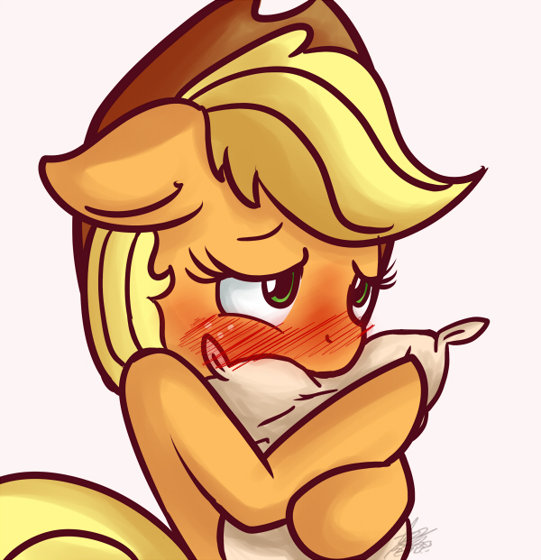 applejack_(mlp) blonde_hair blush chicasonic cowboy_hat cute equine female freckles friendship_is_magic green_eyes hair hat horse hug mammal my_little_pony nolycs pillow plain_background pony solo white_background