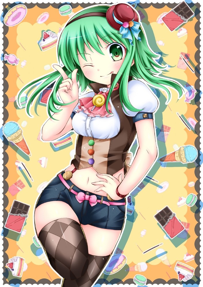 breasts candy chocolate food green_eyes green_hair gumi hand_on_hip ice_cream ice_cream_cake imageboard_sample inumine_aya medium_breasts midriff non-web_source one_eye_closed pocky short_shorts shorts solo thighhighs tongue tongue_out vocaloid