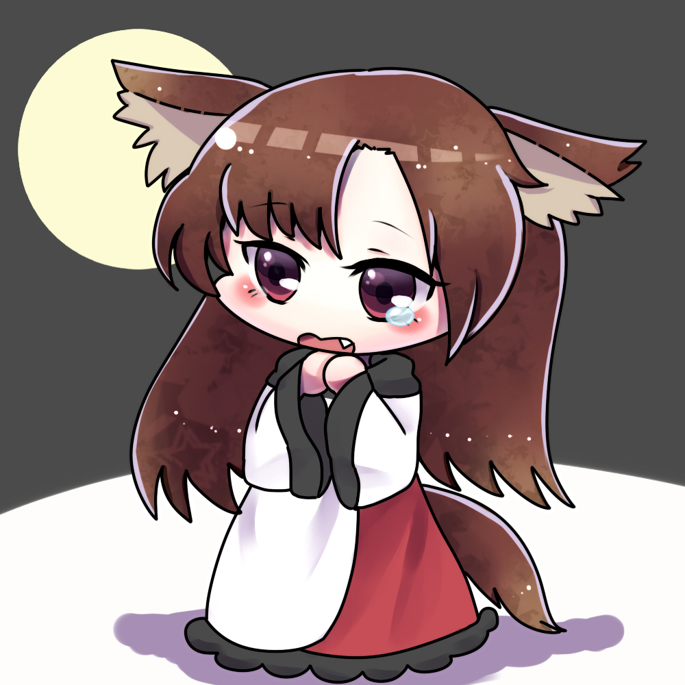 animal_ears brown_hair chibi dress fang full_moon grey_background hands_on_own_chest hands_together imaizumi_kagerou layered_dress long_hair long_sleeves looking_away moon nanai07 open_mouth red_eyes shadow simple_background solo tail tears touhou wolf_ears wolf_tail