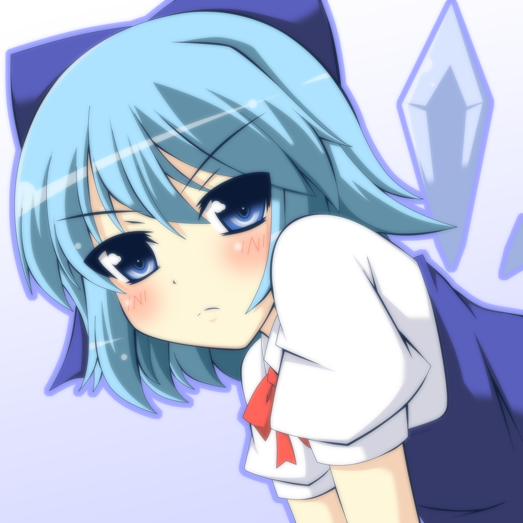 blue_eyes blue_hair blush bow cirno frown gradient gradient_background hair_bow looking_at_viewer masiromu ribbon short_hair short_sleeves simple_background solo touhou upper_body wings