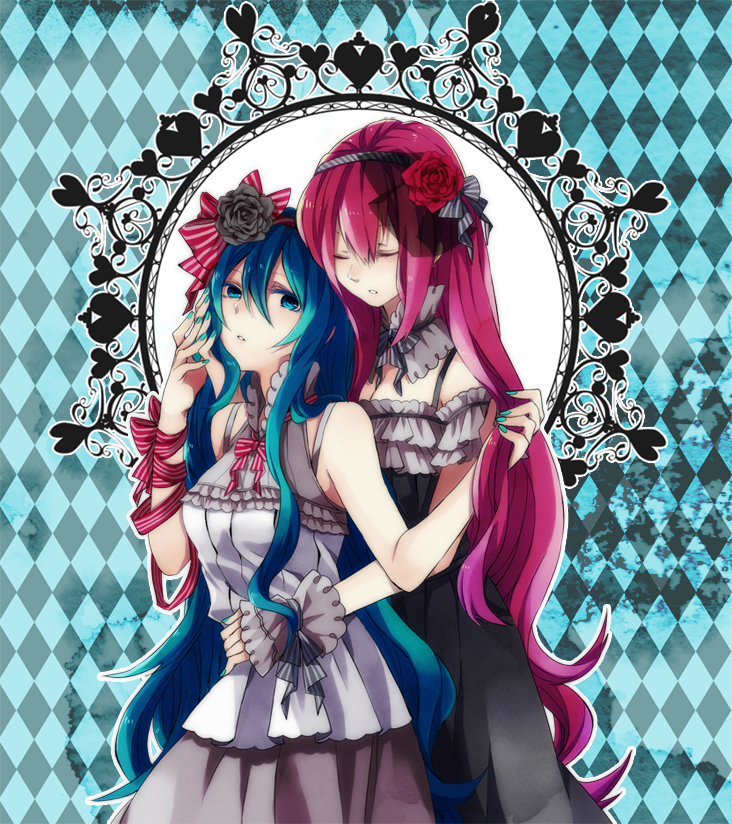 argyle argyle_background azusa_(rikuriku) bad_id bad_pixiv_id bare_shoulders black_dress blue_hair blue_nails closed_eyes confused cuddling detached_collar dress flower grey_dress hair_flower hair_ornament hand_on_another's_face hand_on_another's_stomach hatsune_miku headband long_hair looking_at_another megurine_luka multiple_girls nail_polish pink_hair playing_with_another's_hair ribbon two-tone_dress vocaloid yuri